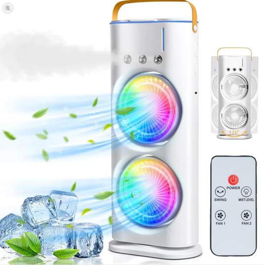 Double Ended Spray Cooler: Powerful Portable Dual Fan Air Conditioner, Humidifier with Night Lamp.